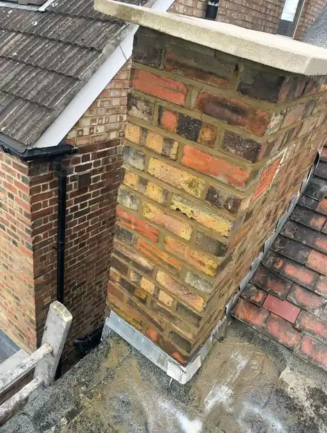 Brick chimney stack with a new lead back gutter and side flashings