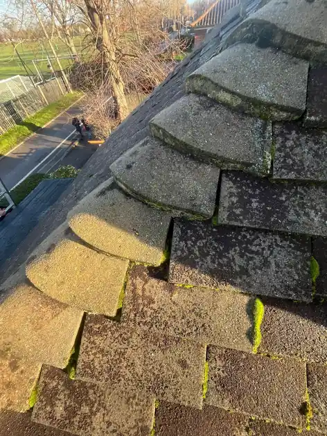 Moss-covered hip tiles lifting along a hip line
