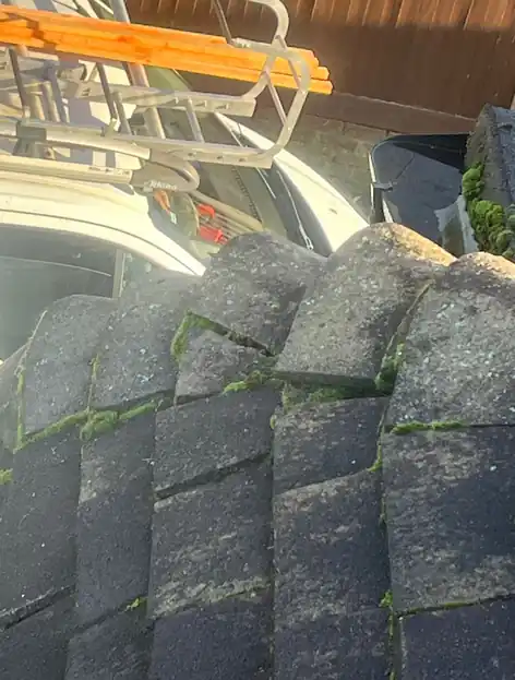 Moss-covered plain tiles with gaps opening up near the eaves
