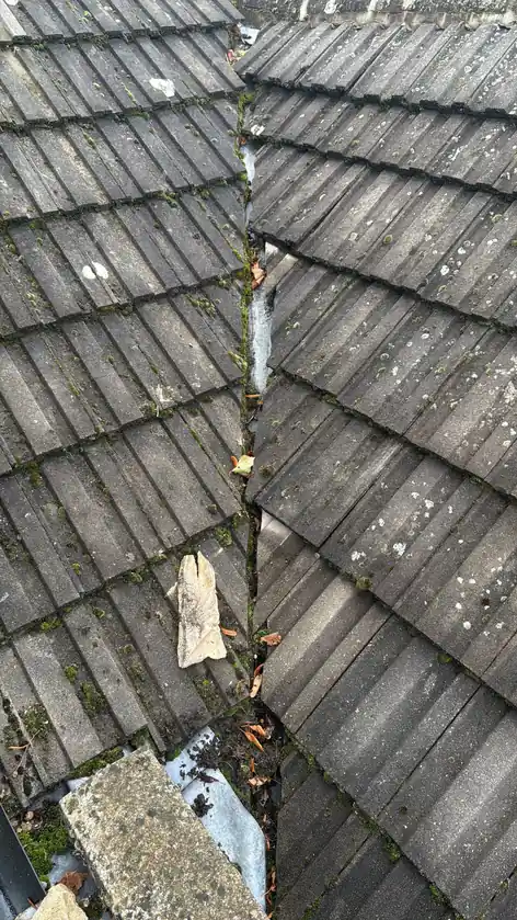 Roof valley between concrete tiles with debris collecting in it