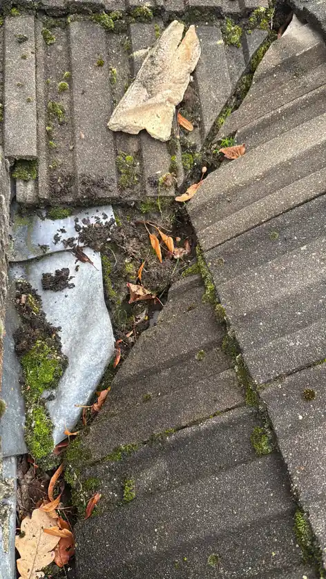 Worn roof valley with leaves and debris sitting on it
